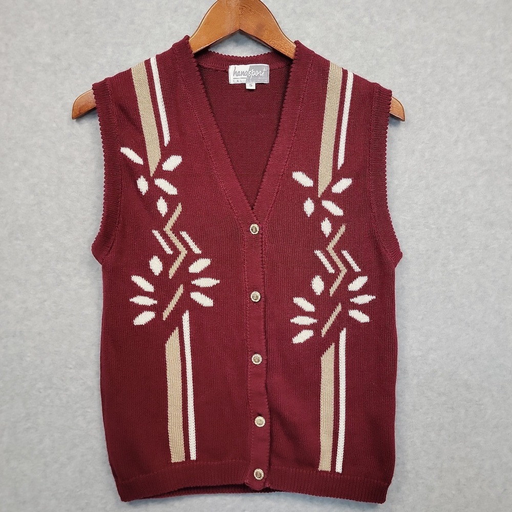 Vintage Hanasport Burgundy Cotton Button Up V-neck Sweater Vest Sz S Grandpa